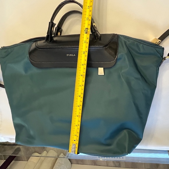 Furla dark green nylon & black leather tote satchel, cross-body, two-way. - Picture 14 of 16